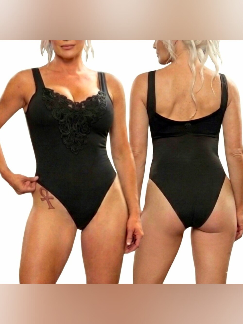 Vtg 80s Cristina blk rose applique thigh high bikini cut low scoop bodysuit M-XL